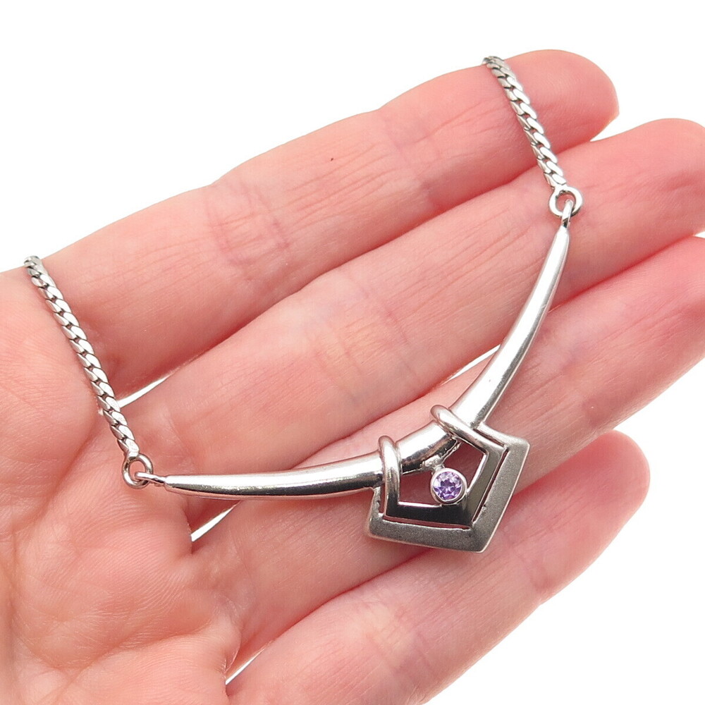 925 Sterling Silver Vintage Purple C Z Modernist Cuban Chain Necklace 16"